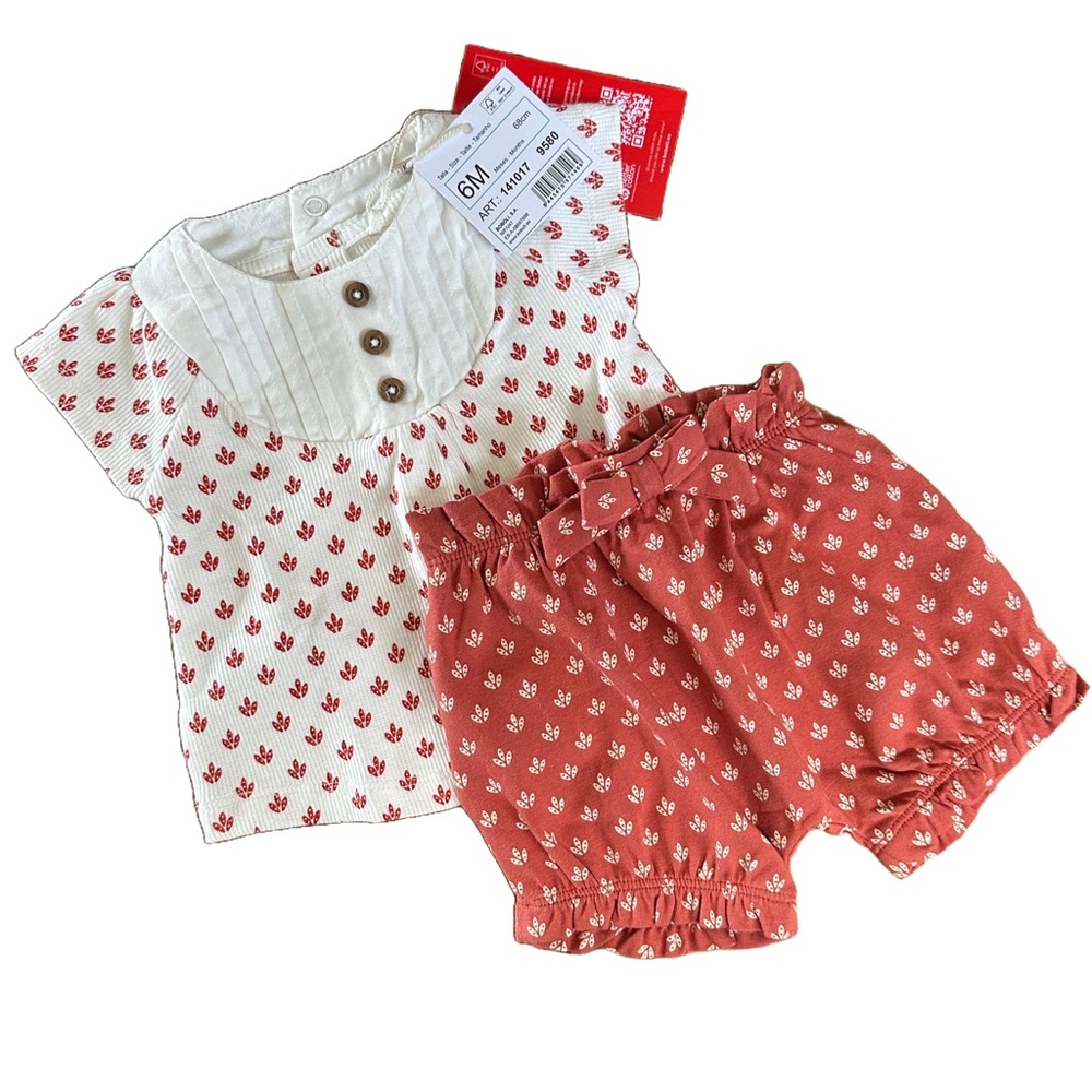 NWT Boboli NZ Kids Matching Set - White and Red Floral 6M